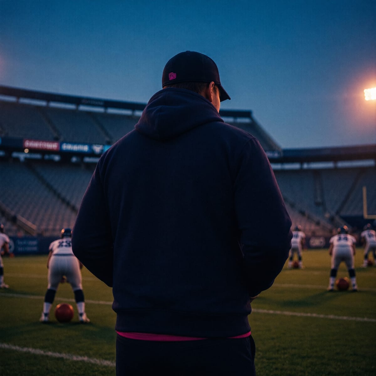 Coach in a LinePlay hoodie, back to camera, watching his linemen lined up on the field at twilight