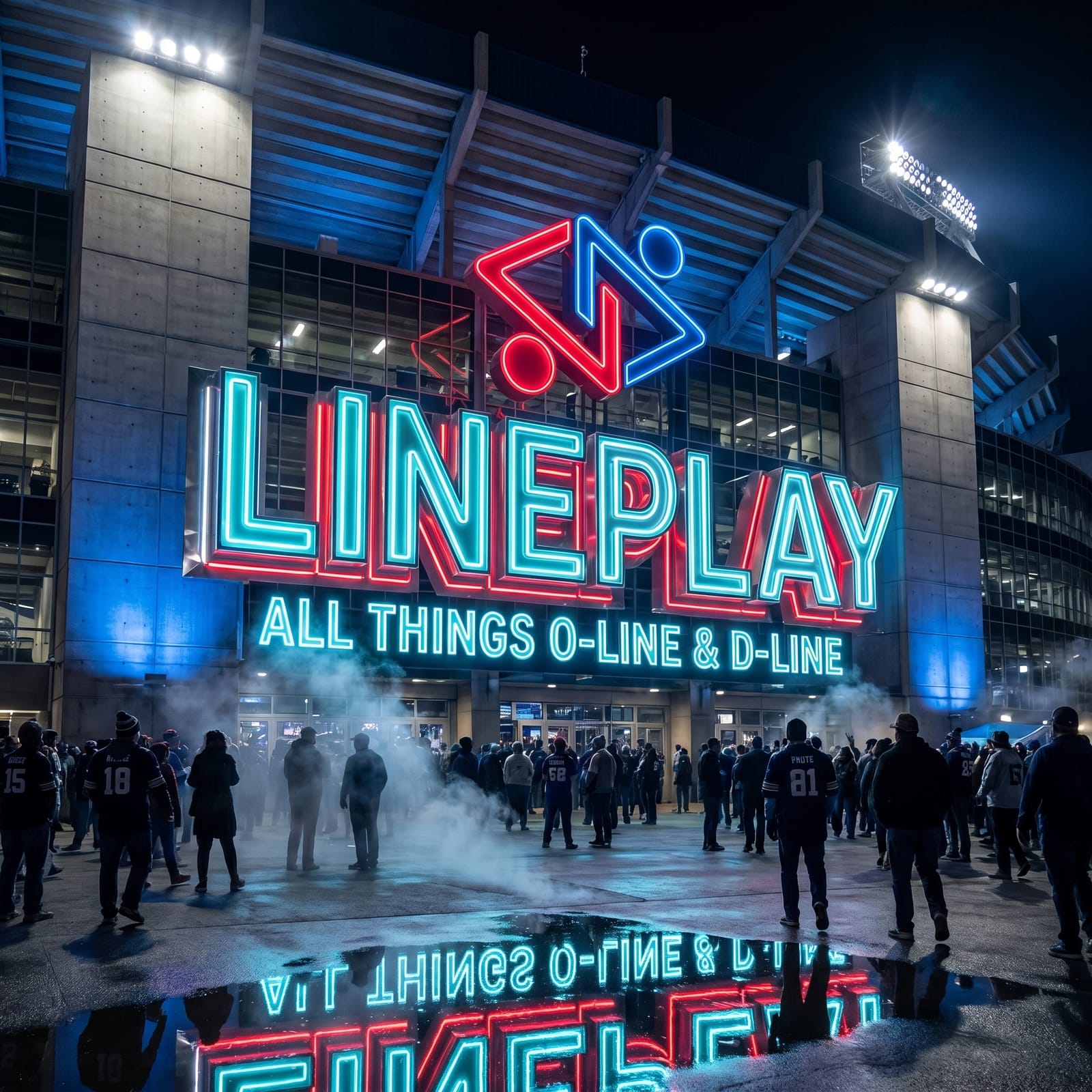 LinePlay neon sign atop a stadium entrance at night, crowd of fans walking through