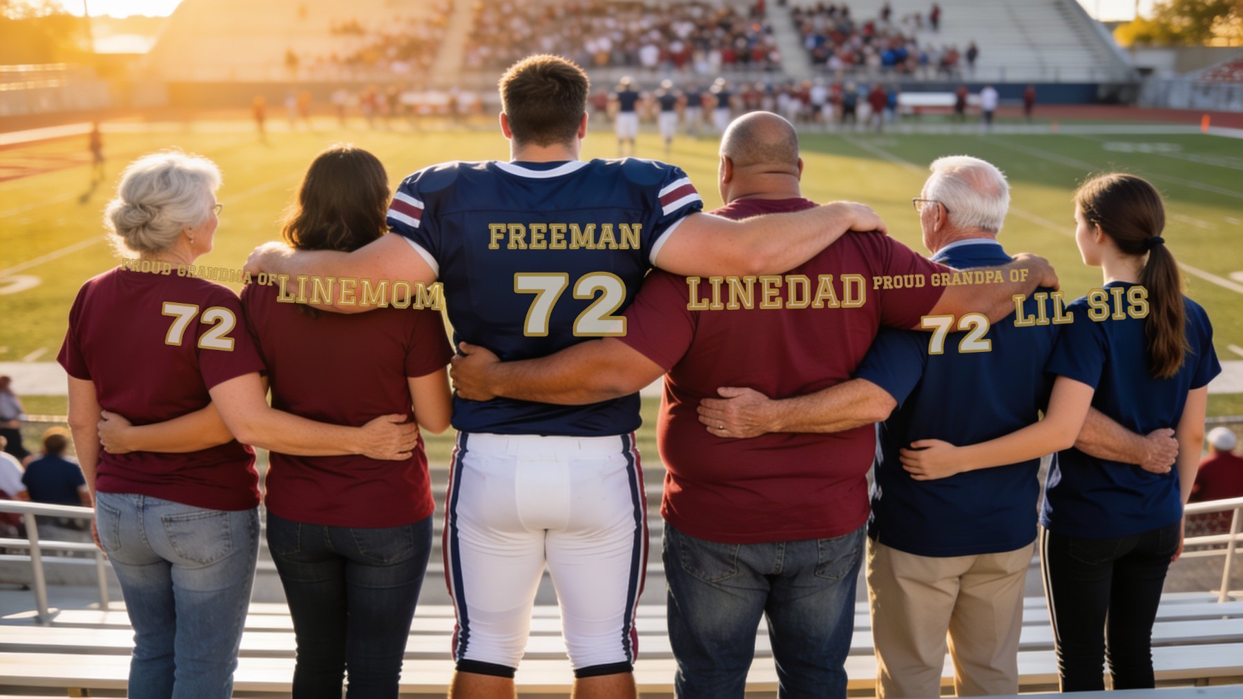 A whole family in the stands, each in their LinePlay role: Proud Grandma of 72, Linemom, the player's jersey, Linedad, Proud Grandpa of 72, and Lil Sis.