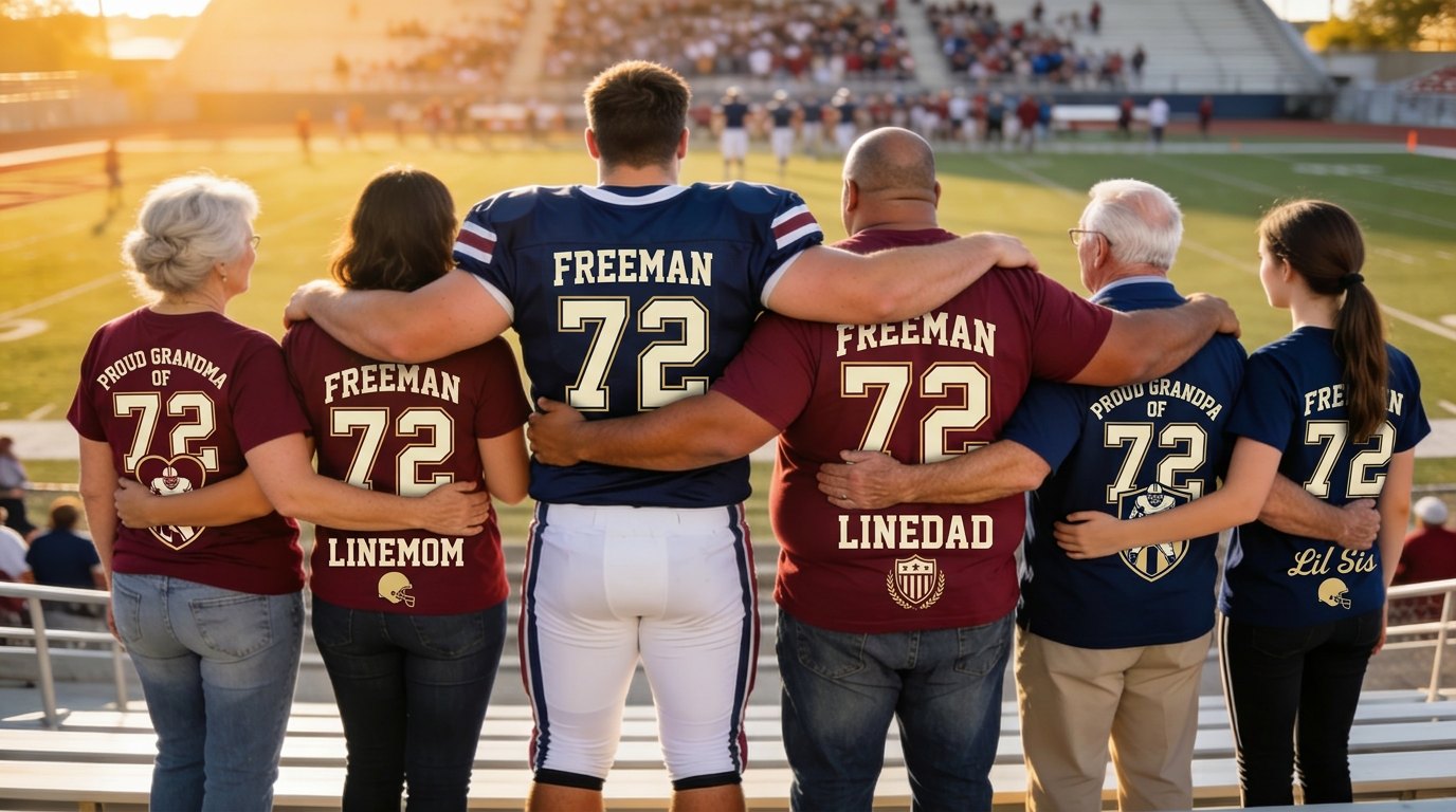 A whole family in the stands, each in their LinePlay role: Proud Grandma of 72, Linemom, the player's jersey, Linedad, Proud Grandpa of 72, and Lil Sis.